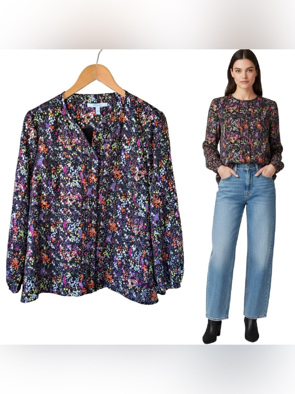 NWT Derek Lam Metallic Dark Multi-floral Silk Blend Blouse size 14
